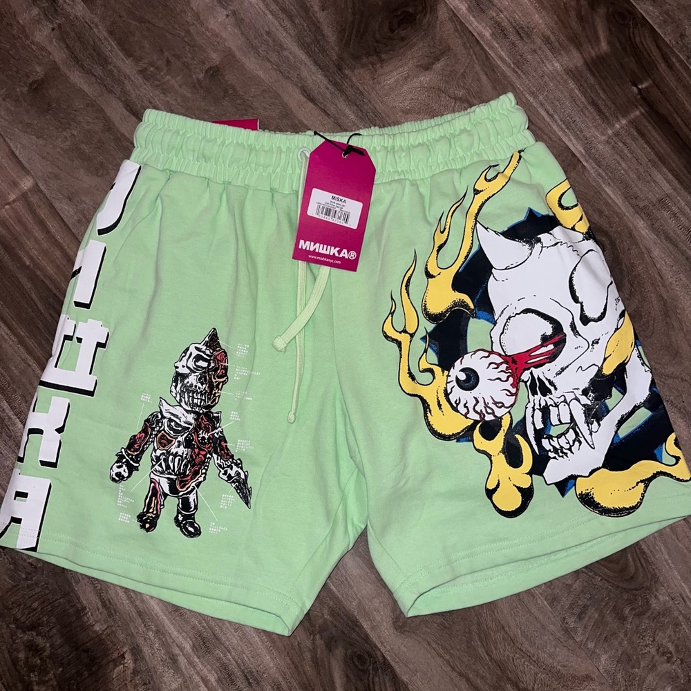 Mishka Light Green Graphic Shorts